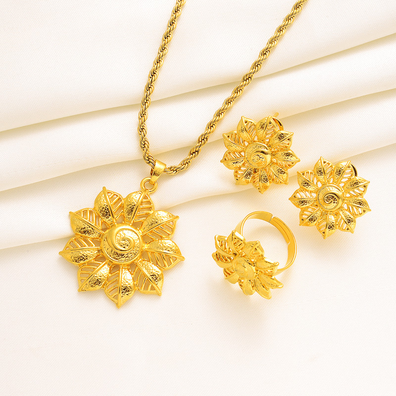 Seturi de bijuterii africane placate cu aur pentru femei Dubai Mireasă Cadouri de nuntă Colier rotund Cercei Set de inele Bijuterii