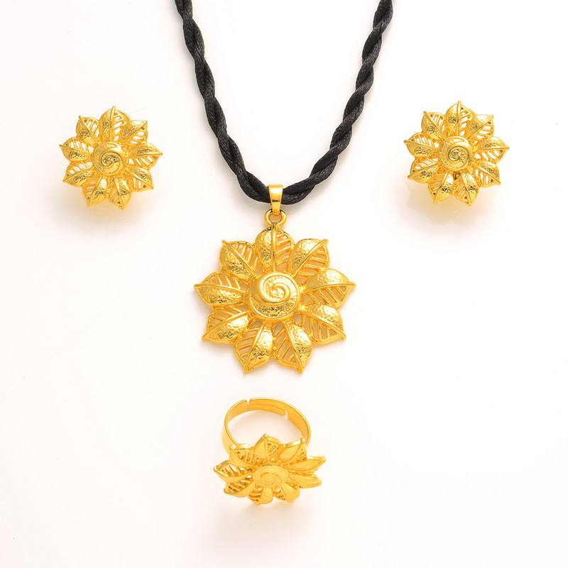 Seturi de bijuterii africane placate cu aur pentru femei Dubai Mireasă Cadouri de nuntă Colier rotund Cercei Set de inele Bijuterii