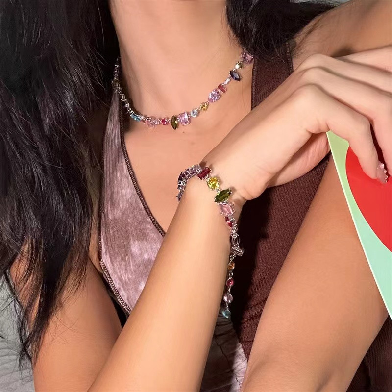 Colier nou de cristal colorat pentru femei, lanț de brățară de mărgele, lanț de claviculă elegant, seturi de bijuterii pentru petrecere, cadou