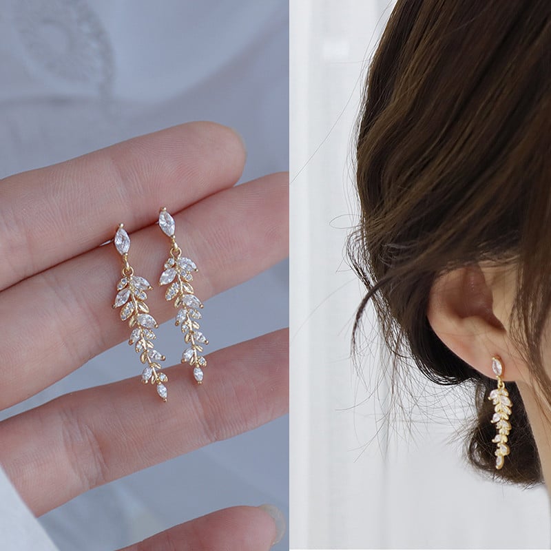 Divatos, arany színű levelek ékszerkészlet női cirkónia lógó fülbevaló és nyaklánc Elegáns koreai kristály esküvői ékszer