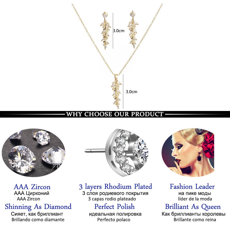 Divatos, arany színű levelek ékszerkészlet női cirkónia lógó fülbevaló és nyaklánc Elegáns koreai kristály esküvői ékszer