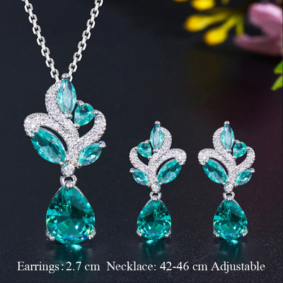 Pera elegantný kórejský štýl svetlomodrý kubický zirkón dámska módna prívesok list náhrdelník kvapka vody náušnice šperky súpravy J151