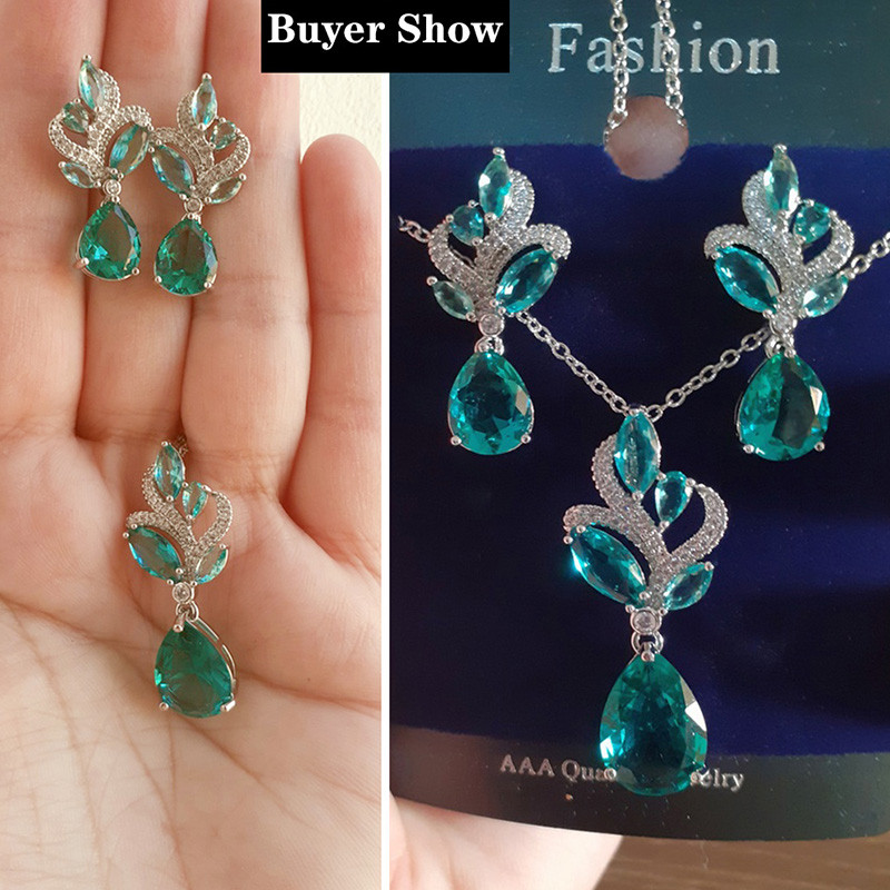 Pera elegant stil coreean albastru deschis zirconiu cubic femei moda pandantiv frunze colier apă cercei seturi de bijuterii J151