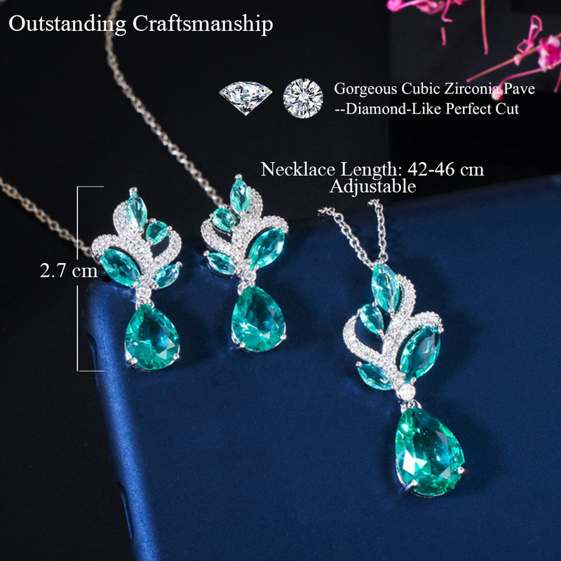 Pera elegant stil coreean albastru deschis zirconiu cubic femei moda pandantiv frunze colier apă cercei seturi de bijuterii J151