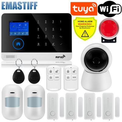 Безжична Tuya APP SIM GSM Домашна RFID Сигурност против взлом LCD сензорна клавиатура WIFI GSM алармена система Комплект сензори Руски, испански глас