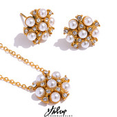 Yhpup Romantické imitácie perál zirkónový kvet nehrdzavejúcej ocele zlatý prívesok náušnice módne prívesky sada šperkov