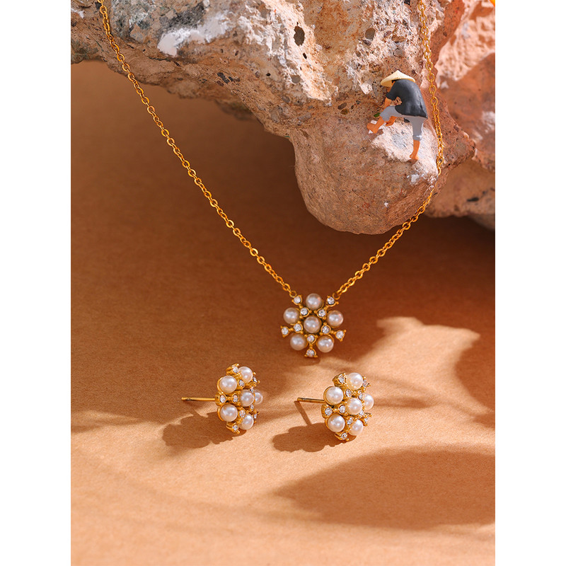 Yhpup Romantic Imitație Perle Zircon Floare Din oțel inoxidabil Auriu Pandantiv Colier Cercei Stud Set de bijuterii farmec