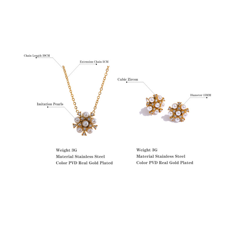 Yhpup Romantic Imitație Perle Zircon Floare Din oțel inoxidabil Auriu Pandantiv Colier Cercei Stud Set de bijuterii farmec