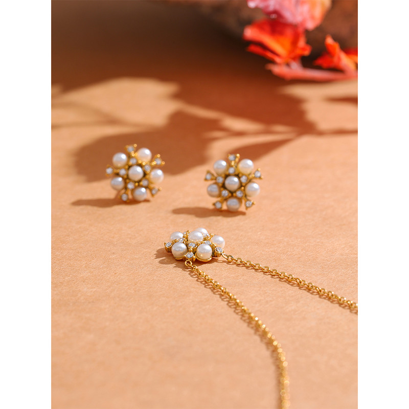 Yhpup Romantic Imitație Perle Zircon Floare Din oțel inoxidabil Auriu Pandantiv Colier Cercei Stud Set de bijuterii farmec