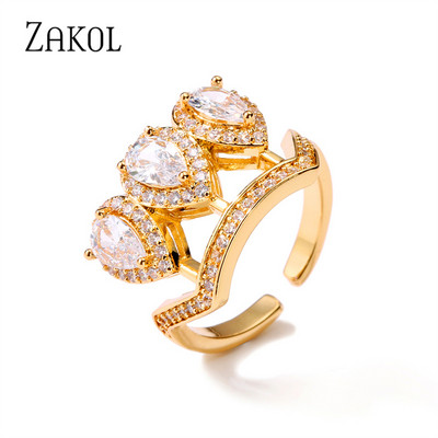 ZAKOL Kórejské zirkónové zlaté dvojité študentské otvorené prstene pre ženy obdĺžnikový ukazovák prsteň svadobné párty dievča sexy šperky