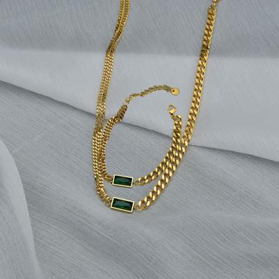 Sifisrri Zelený štvorcový zirkónový náramok a náušnice pre ženy z nehrdzavejúcej ocele, kubánska retiazka, unisex, sady šperkov na zápästie, darček