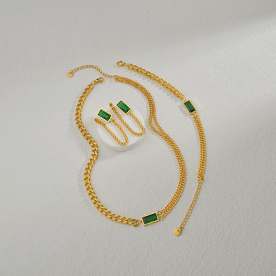 Sifisrri Zelený štvorcový zirkónový náramok a náušnice pre ženy z nehrdzavejúcej ocele, kubánska retiazka, unisex, sady šperkov na zápästie, darček