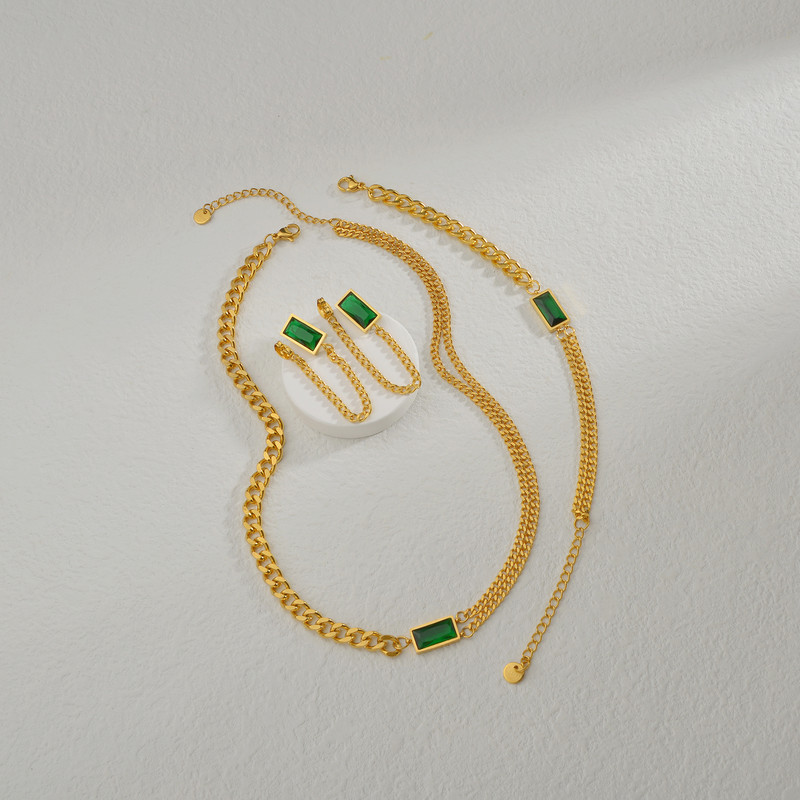 Sifisrri zöld négyzet alakú cirkon karkötő fülbevaló nyaklánc nőknek rozsdamentes acél kubai lánc uniszex csukló ékszer készletek ajándék