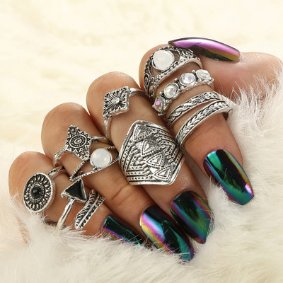 15kom/komplet Lotosov cvijet, crni kamenčić, gotički estetski vintage starinski srebrni setovi prstenja za žene, muškarce, prstenje, nakit