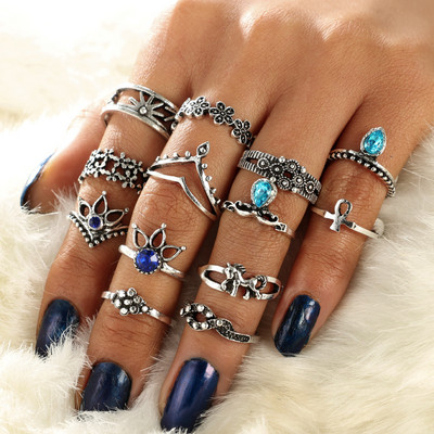 15kom/komplet Lotosov cvijet, crni kamenčić, gotički estetski vintage starinski srebrni setovi prstenja za žene, muškarce, prstenje, nakit
