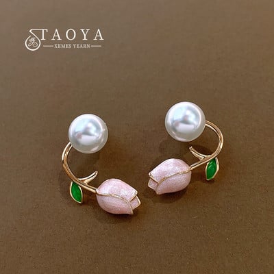 Elegantné francúzske náušnice s ružovým tulipánom a perlou vzadu, nové šperky, dievčenské doplnky s temperamentom, luxusné darčeky pre ženy, rok výroby 2022