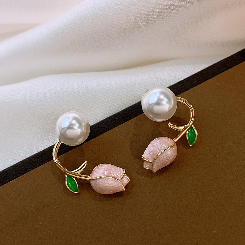 Cercei franceză, eleganti, roz, flori de lalele, perle din spate, 2022, bijuterii noi, pentru petrecere, accesorii pentru temperament, cadouri de lux pentru femei
