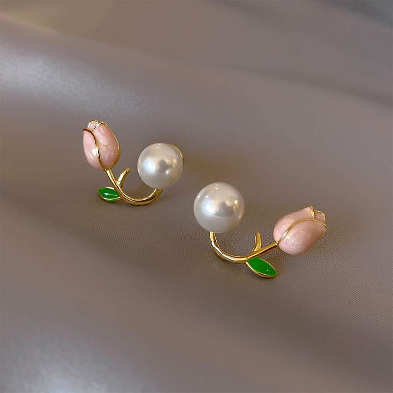 Cercei franceză, eleganti, roz, flori de lalele, perle din spate, 2022, bijuterii noi, pentru petrecere, accesorii pentru temperament, cadouri de lux pentru femei