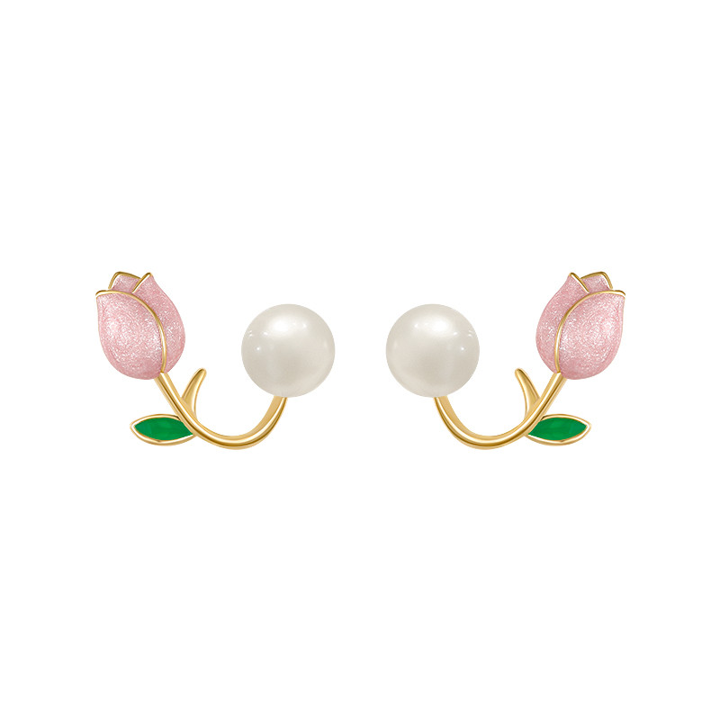 Cercei franceză, eleganti, roz, flori de lalele, perle din spate, 2022, bijuterii noi, pentru petrecere, accesorii pentru temperament, cadouri de lux pentru femei