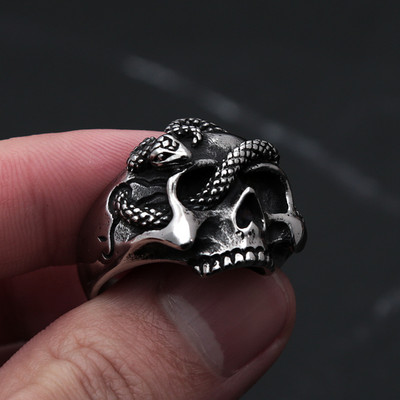 Punk Hip Hop Μοναδικά ασημένια δαχτυλίδια κρανίου για άνδρες από ανοξείδωτο ατσάλι δαχτυλίδι φιδιού Vintage Gothic μόδας κοσμήματα δώρο Dropshipping