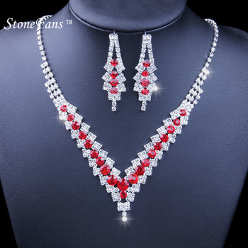 StoneFans Сватбени кристални комплекти булчински бижута Bijoux Mariage Women RED BLUE PEARL Rhinestone Булчинска огърлица Комплект бижута