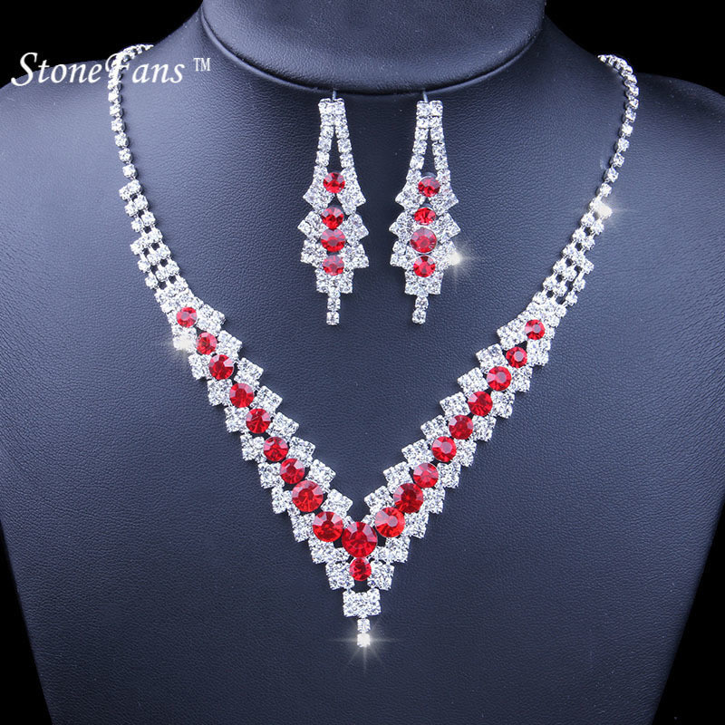 StoneFans Seturi de bijuterii de mireasă de cristal de nuntă Bijoux Mariage Femei PERLA ROSĂ ALBASTRĂ Colier de mireasă cu strasuri Set de bijuterii