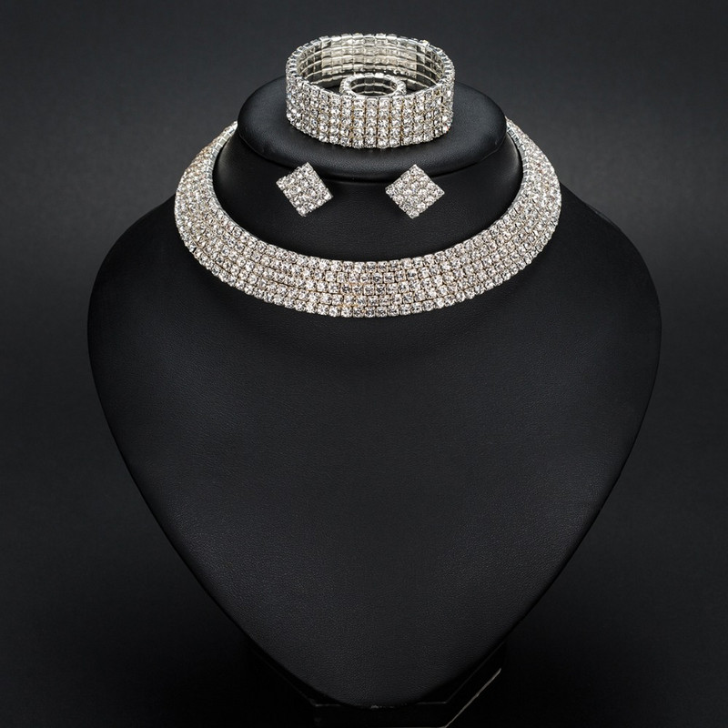 YFJEWE Mireasa 1-5 rânduri Clasic Strass Choker Colier Cercei și Brățară Seturi de bijuterii de nuntă Accesorii de nuntă N387