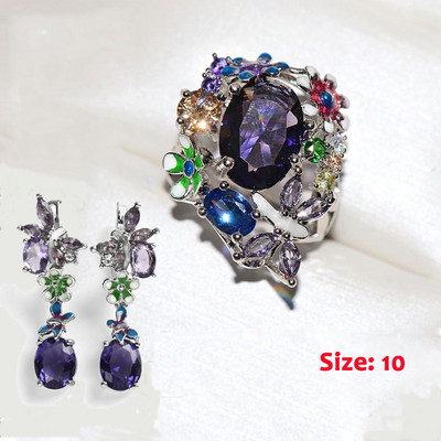 BAOSHINA Luxusné fialové kvety zirkónové motýle svadobné šperky sada pre ženy grily náušnice prsteň doplnky dámske šperky