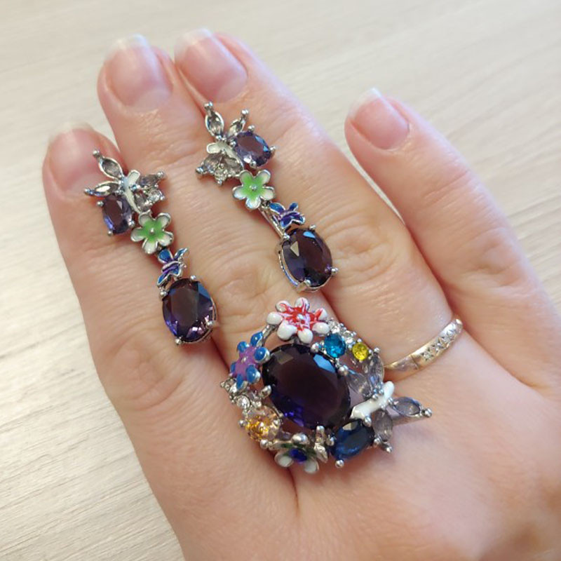BAOSHINA Set de bijuterii de nuntă cu fluture și zircon cu flori mov de lux pentru femei, cercei, accesorii pentru inele, bijuterii pentru femei