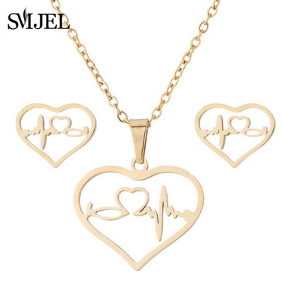 Sady šperkov z nehrdzavejúcej ocele pre ženy, minimalistický kríž, ručné pierko, EKG srdcový tep, náhrdelník, náušnice, svadobný darček