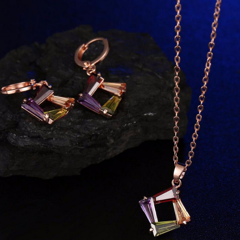 Noua sosire Seturi de bijuterii de culoare aur roz Fashion Multi-color Zircon Stone Colier Set de cercei Bijuterii pentru nunta si logodna