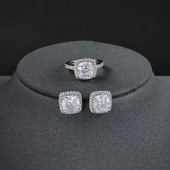 Индия Дубай Сребърна цветна възглавница CZ Комплект бижута Годежен пръстен Обеци за жени Парти подарък Размер 11,12,13 J1099-розово