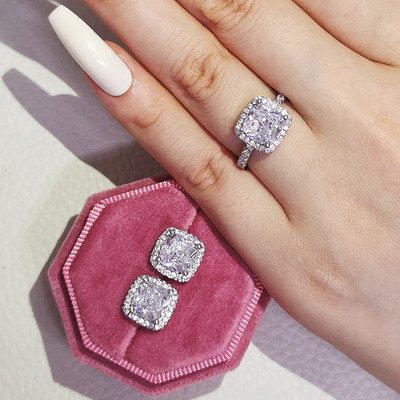 Индия Дубай Сребърна цветна възглавница CZ Комплект бижута Годежен пръстен Обеци за жени Парти подарък Размер 11,12,13 J1099-розово