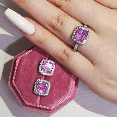 Индия Дубай Сребърна цветна възглавница CZ Комплект бижута Годежен пръстен Обеци за жени Парти подарък Размер 11,12,13 J1099-розово
