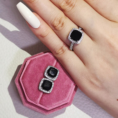 Индия Дубай Сребърна цветна възглавница CZ Комплект бижута Годежен пръстен Обеци за жени Парти подарък Размер 11,12,13 J1099-розово