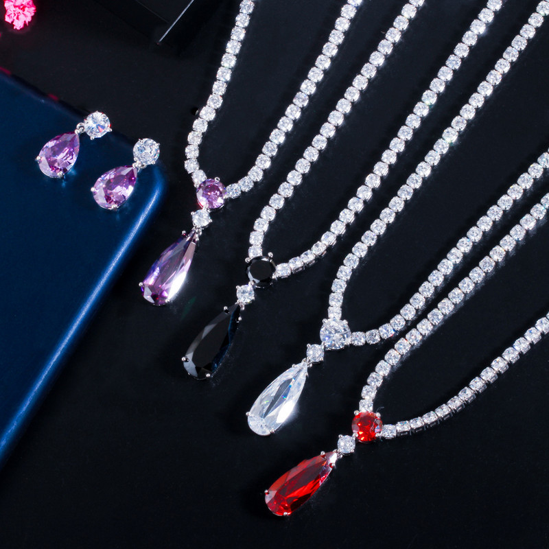 CWWZircons Top Roșu Violet Zirconiu Cubic Picătură de apă Moda Femei Set de bijuterii pentru petrecerea de logodnă pentru nuntă Cadou pentru domnișoară de onoare T525