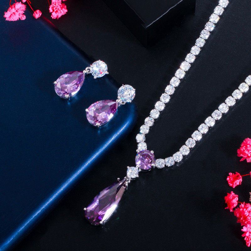 CWWZircons Top Roșu Violet Zirconiu Cubic Picătură de apă Moda Femei Set de bijuterii pentru petrecerea de logodnă pentru nuntă Cadou pentru domnișoară de onoare T525