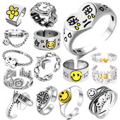 Gyűrű Női Lányoknak Báj Mosoly Divat Férfi Ékszerek Vintage Ősi Ezüst Szín Boldog Mosolygó Punk Hip Hop Állítható Boho
