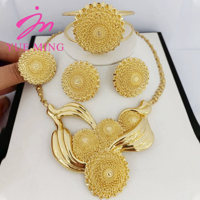 Set de bijuterii YM Bijuterii de nunta de petrecere Cercei de culoare aur de 18k pentru femei Accesorii Colier de cupru Colier Bratara Inele Mireasa