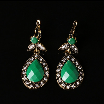 Nagy vízcsepp lógó fülbevaló vintage ékszer antik arany színű zöld gyanta nyaklánc medál női fülbevaló