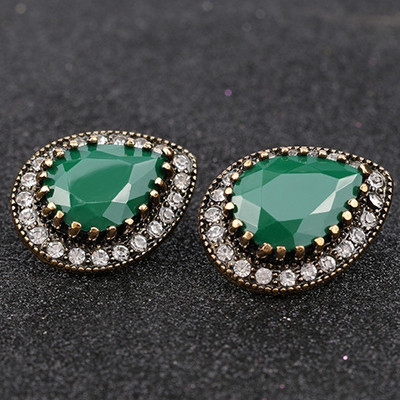 Nagy vízcsepp lógó fülbevaló vintage ékszer antik arany színű zöld gyanta nyaklánc medál női fülbevaló