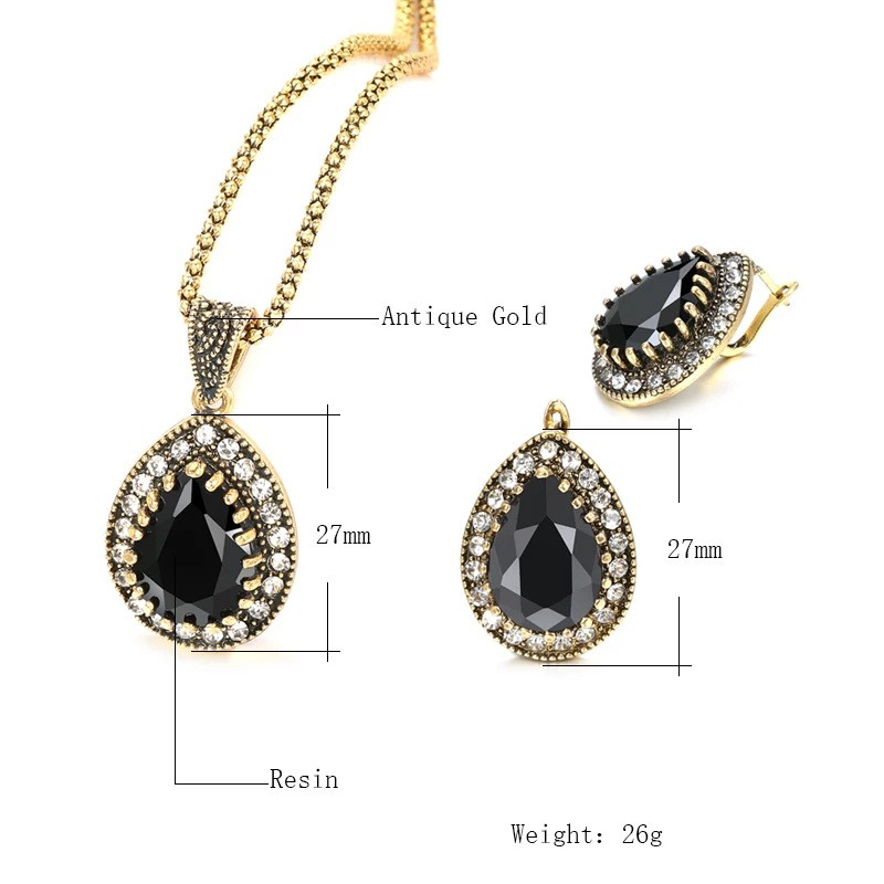 Nagy vízcsepp lógó fülbevaló vintage ékszer antik arany színű zöld gyanta nyaklánc medál női fülbevaló