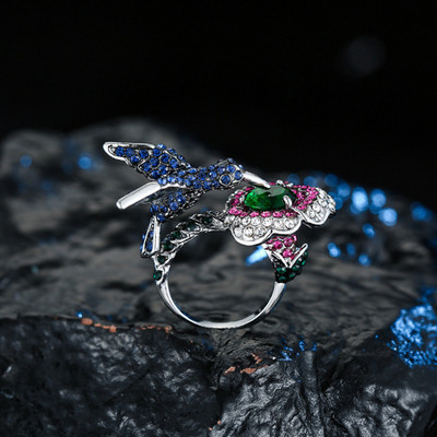 Karštas išpardavimas Milangirl Vintage juodas volframo bijūnų gėlių medis vynmedis driežas rankų darbo papuošalai iš dervos krištolo karoliukais žiedas