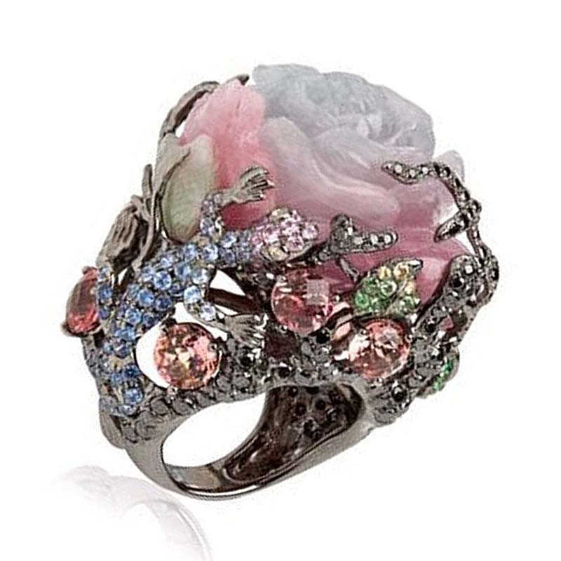 Karštas išpardavimas Milangirl Vintage juodas volframo bijūnų gėlių medis vynmedis driežas rankų darbo papuošalai iš dervos krištolo karoliukais žiedas