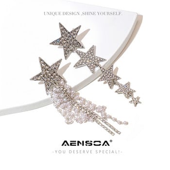 AENSOA Fashion Crystal Star Дълги обеци с капки за жени Модерни перлени пискюли AB Style Earring Gift Statement Party Jewelry 2020