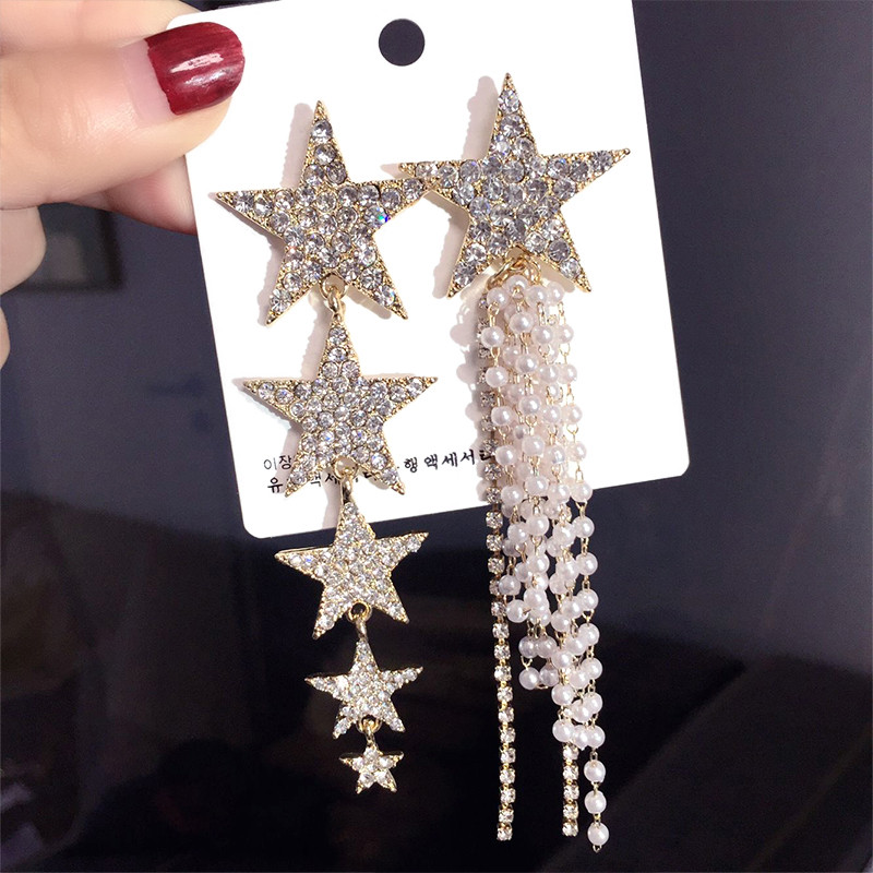 AENSOA Fashion Crystal Star Дълги обеци с капки за жени Модерни перлени пискюли AB Style Earring Gift Statement Party Jewelry 2020