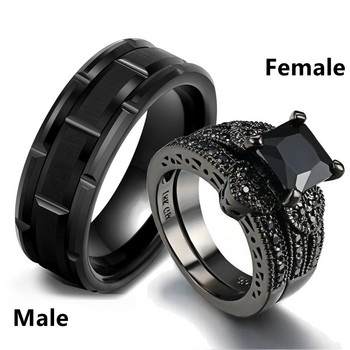 Двойка пръстени за жени Комплект женски пръстени с черен кристал Модерен мъжки пръстен от неръждаема стомана Сватбени модни бижута за любовници Подаръци