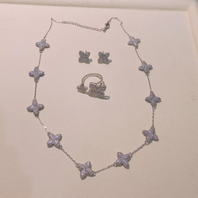 Луксозно цвете, изящно колие, обеца, пръстен, гривна, комплект бижута за жени, сватбено парти, пълен циркон, Дубай, булчински бижута N0555