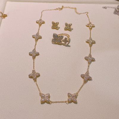 Луксозно цвете, изящно колие, обеца, пръстен, гривна, комплект бижута за жени, сватбено парти, пълен циркон, Дубай, булчински бижута N0555