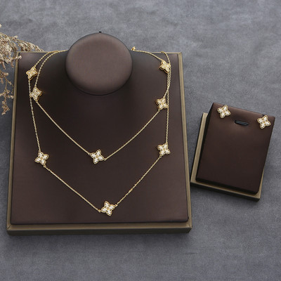 Луксозно цвете, изящно колие, обеца, пръстен, гривна, комплект бижута за жени, сватбено парти, пълен циркон, Дубай, булчински бижута N0555